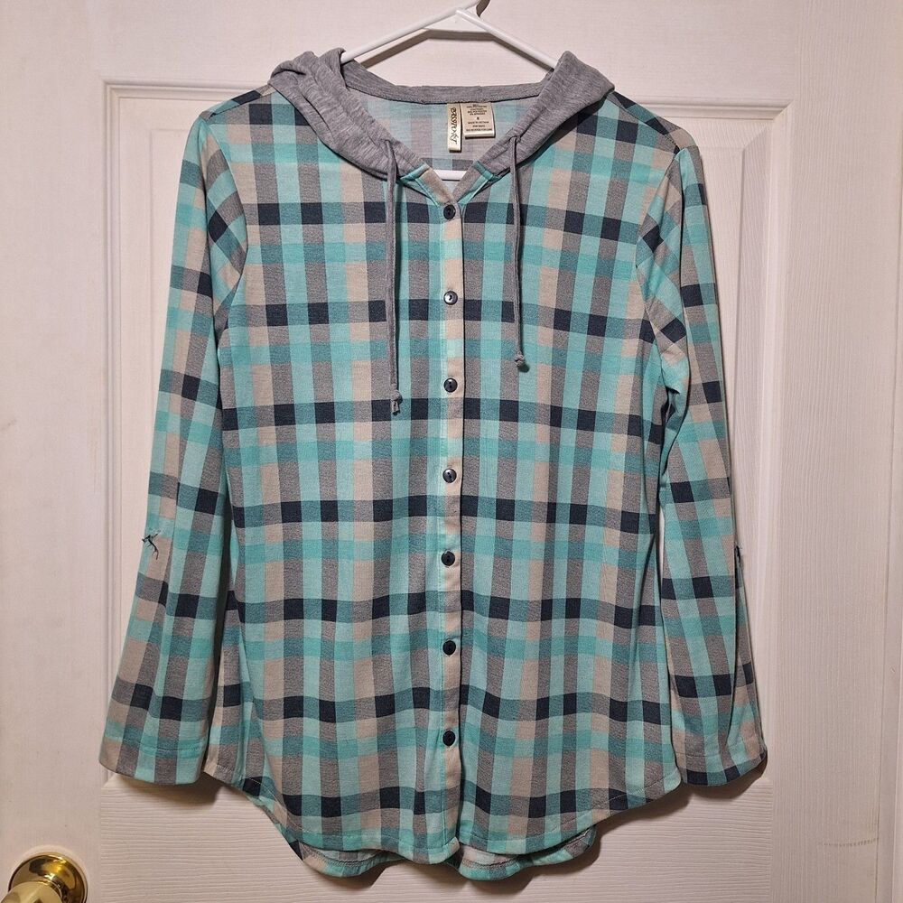 Passport Blue Grey Plaid Hooded Button Up Shirt Cabincore Gorpcore Size S